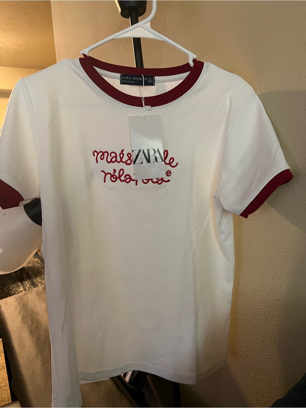 White Tee with Red Trim and Script Detail